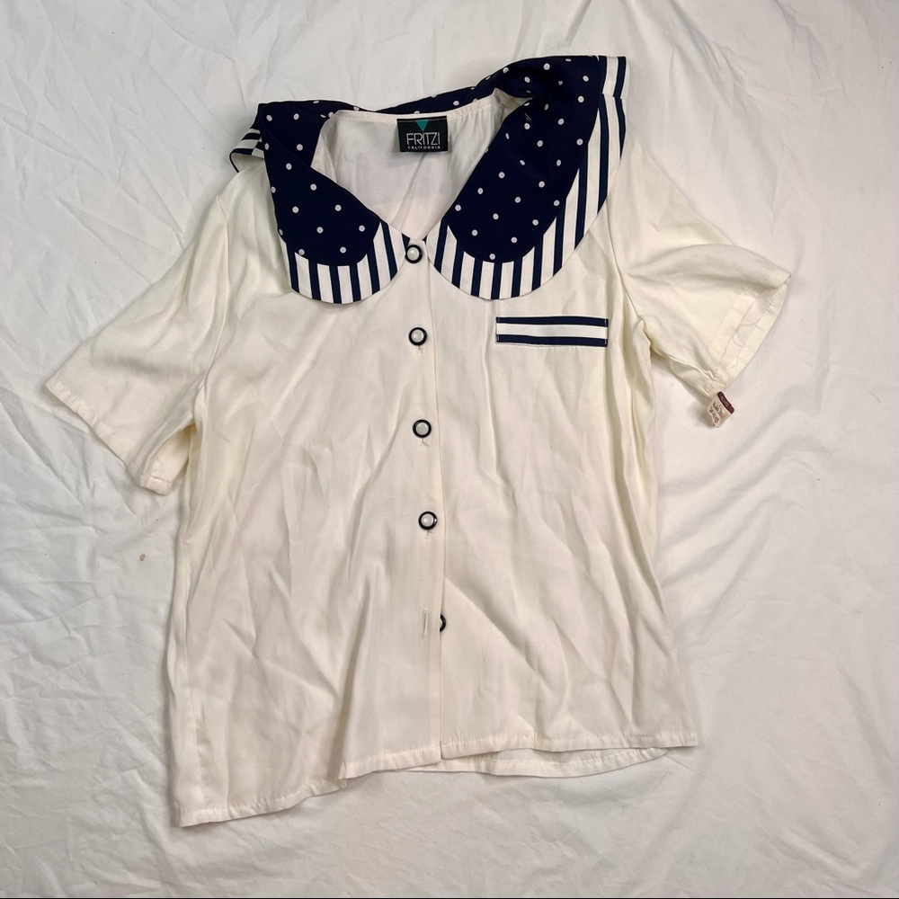 Vintage Fritzi of California Blouse Size Medium Made In USA Blue White R050722